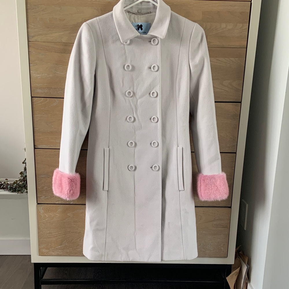 Blumarine Light Grey Wool Coat with Pink Fur Cuffs